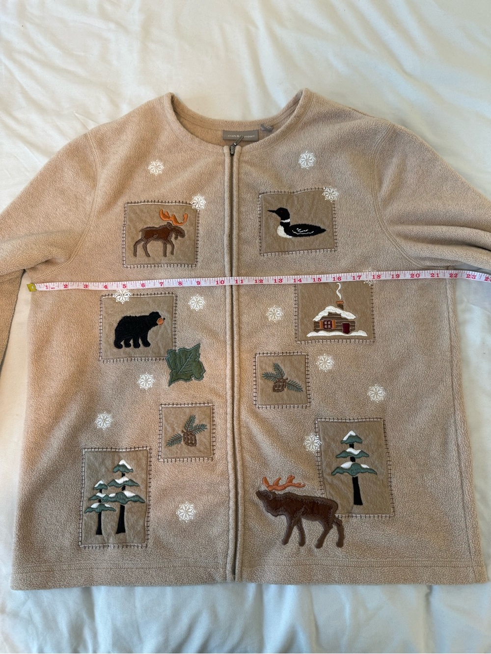 croft & barrow Womens Large Tan Zip-Front Fleece Jacket Embroidered Mountain VTG - Picture 10 of 15